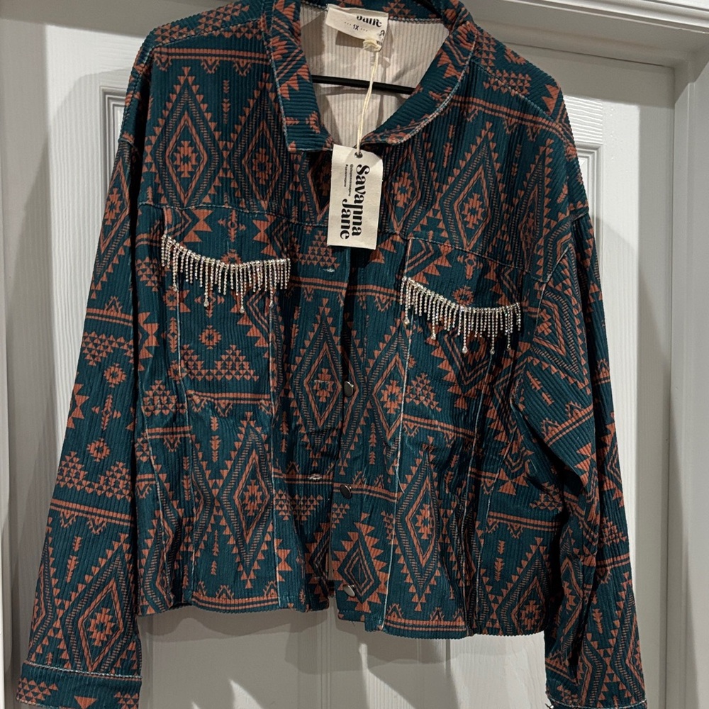 Savanna Jane Teal and Coral Patterned Jacket